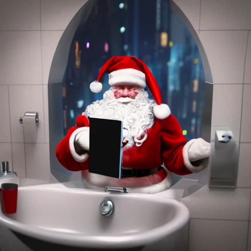 3d render ultra-detailed of Santa Claus using a laptop in a public bathroom, cinematic lighting, vibrant details, hyperrealistic, blade runner atmosphere, octane render