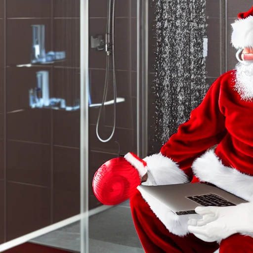 3d render ultra-detailed of Santa Claus using a laptop in the shower, cinematic lighting, vibrant details, hyperrealistic, blade runner atmosphere, octane render