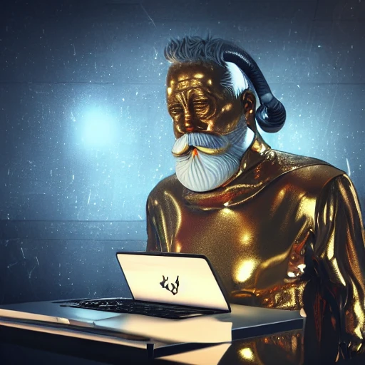 mdjrny-v4 style, 3d render ultra detailed of a beautiful marble and gold santa claus using a laptop, beautiful studio soft light, vibrant details, hyperrealistic, blade runner atmosphere, octane render,   H. R. Giger style, 8k