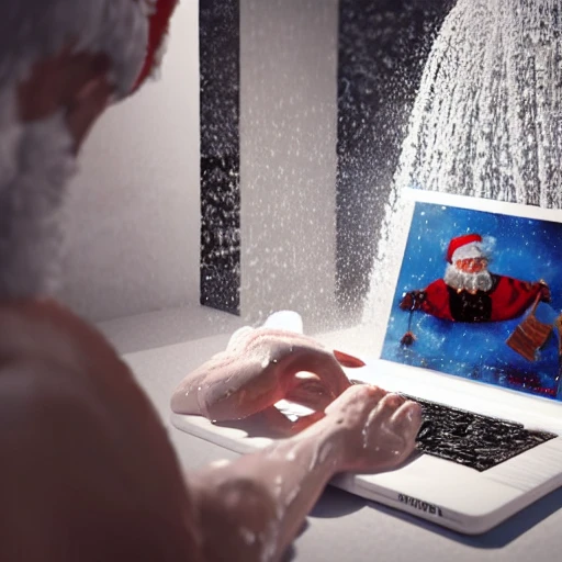 3d render ultra-detailed of Santa Claus using a laptop in the shower, cinematic lighting, vibrant details, hyperrealistic, blade runner atmosphere, octane render