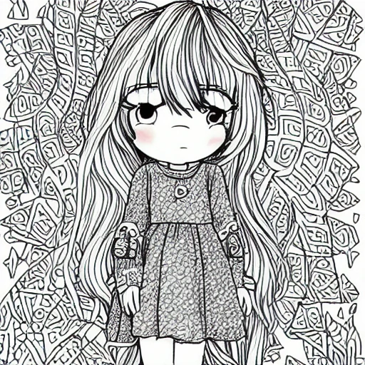 kawaii style coloring page of acute adorable girl with a long adorable kawaii eyes, wearing t-shirt fantasy, magical, unusual, black and white, wavey lines, cooring book page for kids, surrounded by daisies, no noise. crisp thick lines, outline art, isolated on a white background