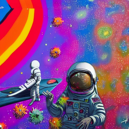 surreal, banksy style, street art, an astronaut with a beautiful array of flowers making up his design, 8k render, hyperdetailed, concept art, character design, a rainbow of colors, the most extreme color pallet imaginable, diverse Color pallet, rainbow of emotions, drifting floating through a cosmic web, spectacular cosmic environment