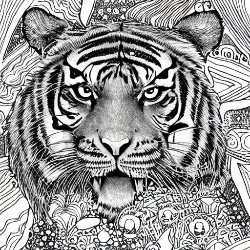 a tiger surrounded by the universe, wide shot, coloring page illustration, adult coloring book, high detail, Pencil Sketch,