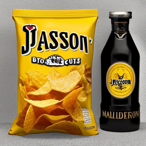 bag of chips with malort bottle design, jeppson's malort, malort bottle, hd render, realistic 