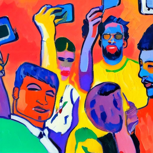 mdjrny-v4 style, a painting of a group of people taking a selfie, fauvism style, bright colors, strong colors, fauvism, oil on canvas, trending on artstation