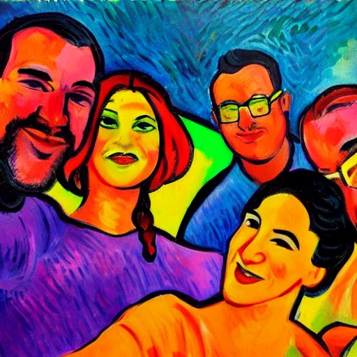 a painting of a group of people taking a selfie, fauvism style, bright colors, strong colors, fauvism, oil on canvas, trending on artstation