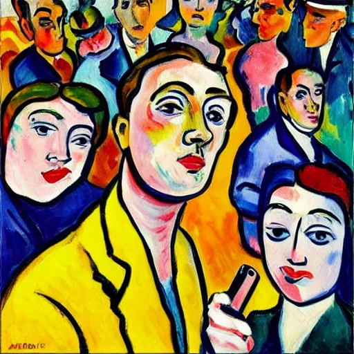 a painting of a group of people taking a selfie, fauvism style, Matisee, Derain, Raoul Dufy, bright colors, strong colors, fauvism, oil on canvas, trending on artstation