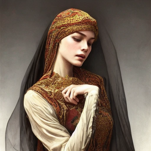 A perfect painting of an oppressed veiled woman, intricate, highly detailed, 3d, trending on artstation, intricate, elegant, highly detailed, digital painting, artstation, concept art, smooth, sharp focus, illustration, art by artgerm and greg rutkowski and alphonse mucha, 8k