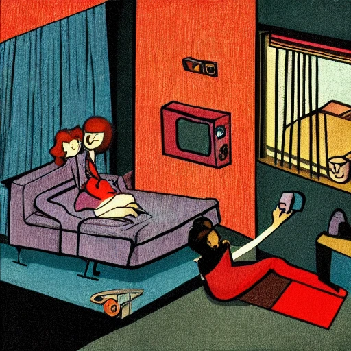 boy and girl relax in small bedroom apartment clutter no windows big tv , 50's illustration , cyberpunk , lofi color , drawing by rembrandt, Trippy,