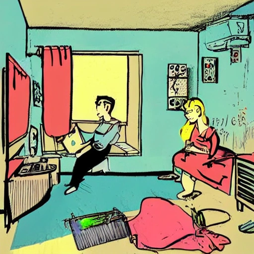 boy and girl relax in small bedroom apartment clutter no windows big tv , 50's illustration , cyberpunk , lofi color , drawing by rembrandt, Trippy,, Cartoon