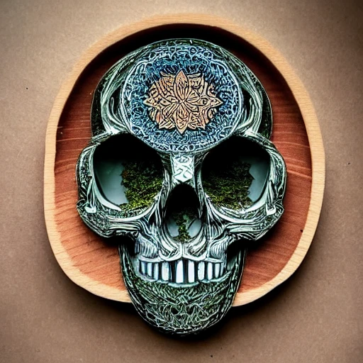 beautifully intricate wooden and glass carving of a skull, wood fused with glass containing starlight, gloss varnish, growing moss, flower of life pattern, dramatic lighting, hyper realistic