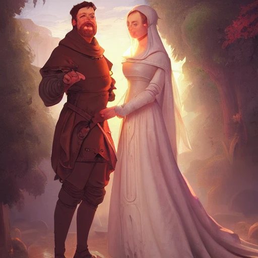 portrait of a man and woman in the middle ages 1500 with happy face, by Jordan Grimmer, Asher Brown Durand and Ryan Dening, 8k, artstation, beautiful color pallette