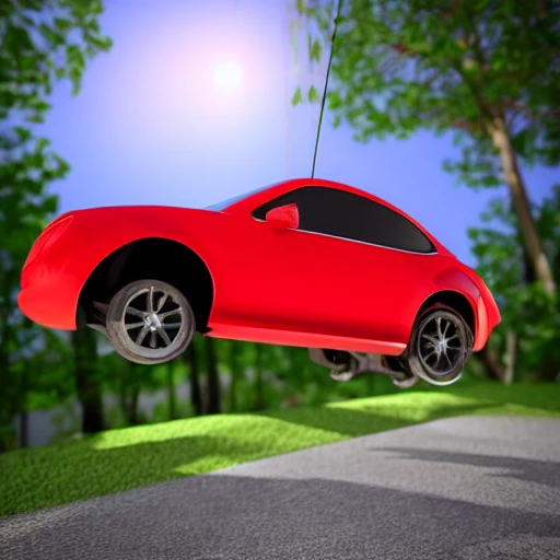 Red Sport car jump over House in the woods
, Cartoon, 3D