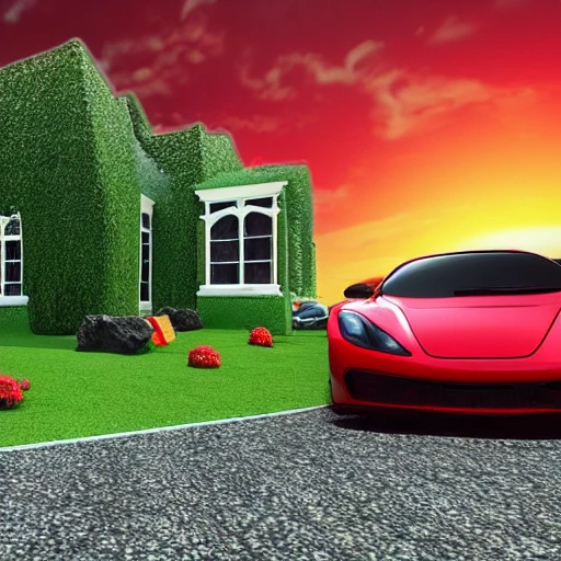 Red Sport car jump over House in the woods
,3D