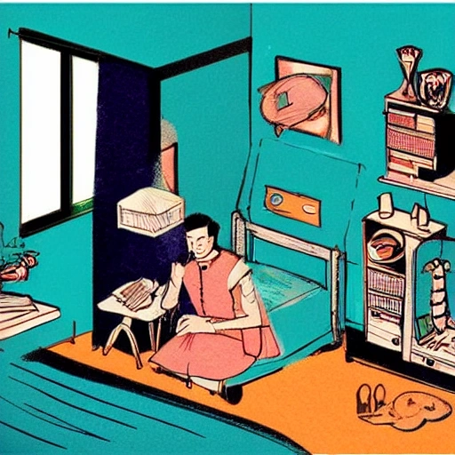 boy and girl relax in small bedroom apartment clutter no windows big tv , 50's illustration , cyberpunk , lofi color , drawing by rembrandt