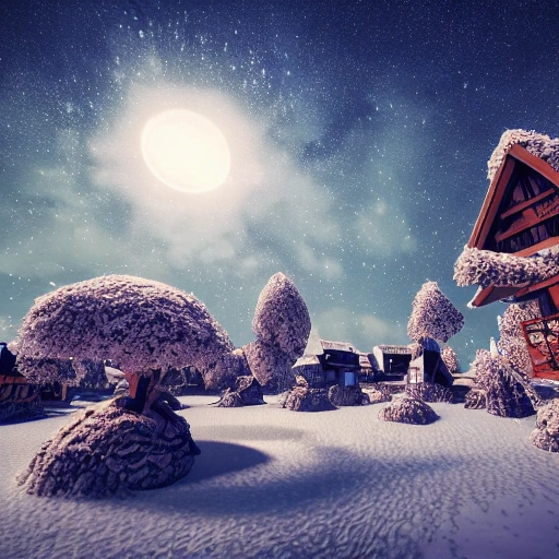 mdjrny-v4 style, ultra detailed alien planet, village, wooden houses, nature, relaxation, soothing, inspiration, landscapes, epic, natural wonders, futuristic tech, AI, magic, wonder, realms, Christmas, joy, homes, sparkling lights, colorful decorations, giant glowing tree, snow, festive activities, carols, vivid, 8k, render unreal engine, 