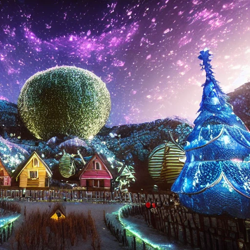 mdjrny-v4 style, ultra detailed alien planet, village, wooden houses, nature, relaxation, soothing, inspiration, landscapes, epic, natural wonders, futuristic tech, AI, magic, wonder, realms, Christmas, joy, homes, sparkling lights, colorful decorations, giant glowing tree, snow, festive activities, carols, vivid, 8k, render unreal engine

{
"steps": 100,
"width": 1920,
"height": 1080,
"version": "SD1.4_SH",
"guidance_scale": 7.5
}