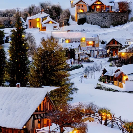 beau petit village avec des décorations de Noël dans un paysage eneigé de montagne et un soleil couchant en arrière plan