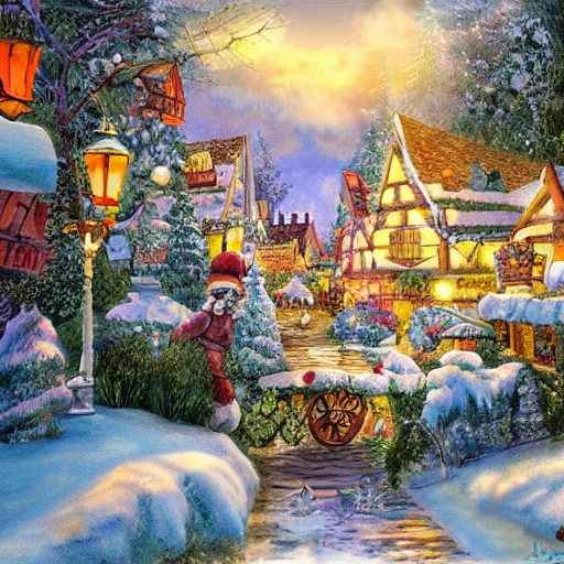 beau petit village wonderland detailed, décorations de Noël dans un paysage eneigé de montagne, un soleil couchant en arrière plan, deep color, concept art, digital painting,