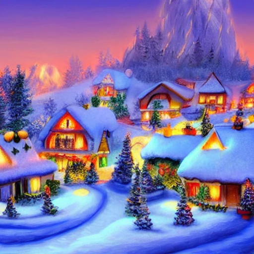 beau petit village wonderland detailed, décorations de Noël dans un paysage eneigé de montagne, un soleil couchant en arrière plan, deep color, concept art, digital painting,, 3D