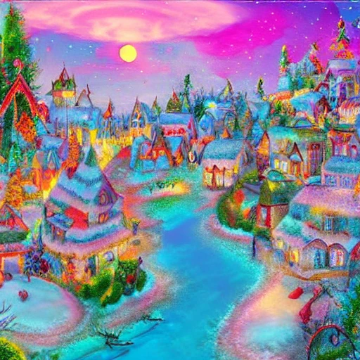 beau petit village wonderland detailed, décorations de Noël dans un paysage eneigé de montagne, un soleil couchant en arrière plan, deep color, concept art, digital painting, Trippy