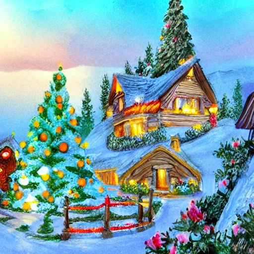 beau petit village wonderland detailed, décorations de Noël dans un paysage eneigé de montagne, un soleil couchant en arrière plan, deep color, concept art, digital painting, Pencil Sketch