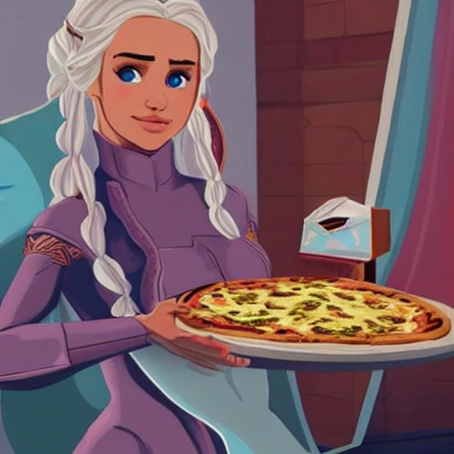 Hyperealistic videogame daenerys eating a cheese pizza, hyperealistic videogame, background in gamers room, daenerys sitting in a gaming chair eating pizza, daenerys drinking mountain dew eating pizza, daenerys cosplaying as d.va