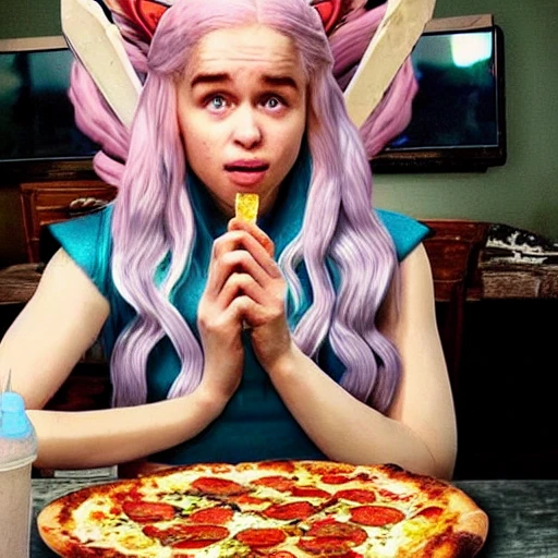 Hyperealistic videogame daenerys eating a cheese pizza, hyperealistic videogame, background in gamers room, daenerys sitting in a gaming chair eating pizza, daenerys drinking mountain dew eating pizza, daenerys cosplaying as d.va