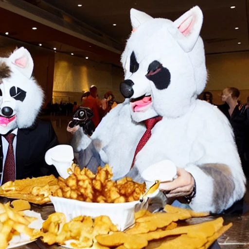 Putin in a fursuit happily slamming on some poutine at a furry convention