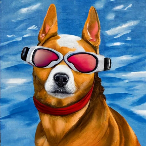 Oilpaining of a skiing dog