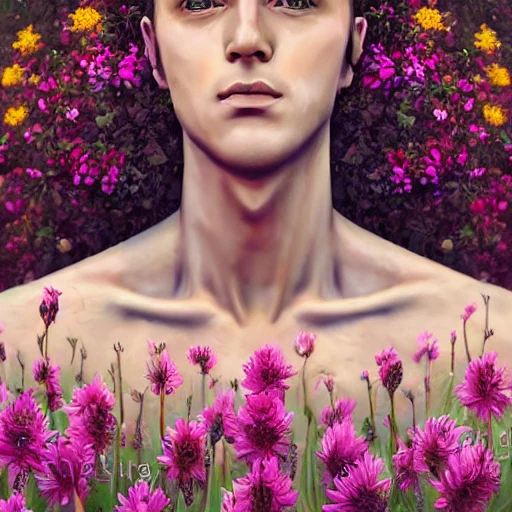 full length portrait of cristian vivas, standing in field full of flowers, detailed gorgeous face, full body, confident pose, confident, naked, female, model, woman, nude, nsfw, god rays, intricate, elegant, seductive, realistic, hyperrealistic, character design, concept art, highly detailed, illustration, digital art, digital painting, depth of field, headroom