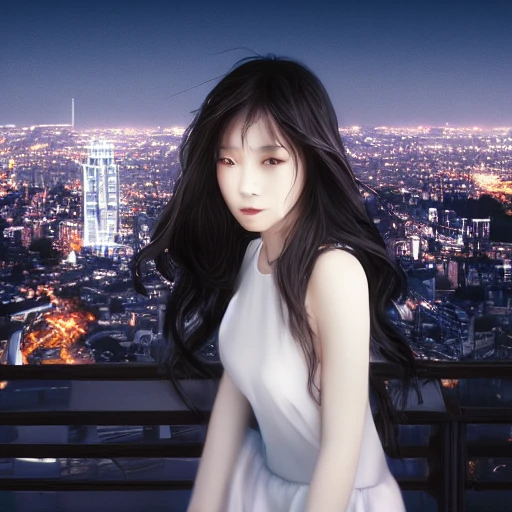 Nguyen Chia, night, high detail face, closeup portrait of beautiful young girl, windblown black wavy hair, wearing white dress, Japanese, city in background, professional studio lighting, very detailed, 8k, trend on artstation