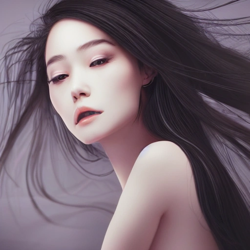 Nguyen Chia, night, high detail face, closeup portrait of beautiful young girl, long black hair blown by the wind, Japanese, background city, professional studio lighting, very detailed, 8k, trend on artstation