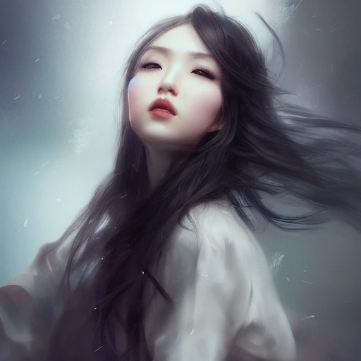 Ruan Jia, night, high detail face, perfect almond eyes, beautiful eyelashes, closeup portrait of beautiful young girl, wind blowing black long hair, Japanese, background city, professional studio lighting, very detailed, 8k, trend on artstation