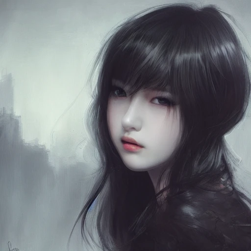 Ruan Jia, night, high detail heart shaped face, perfect almond eyes, beautiful eyelashes, perfect nose, perfect lips, closeup portrait of beautiful young girl, oblique bangs black long hair, Japanese, standing in a ruined city , professional studio lighting, highly detailed, 8k, trending on artstation