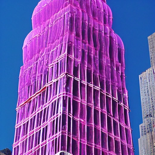 Giant clear shiny magenta bundt jelly encompassing NYC 2010 twin towers