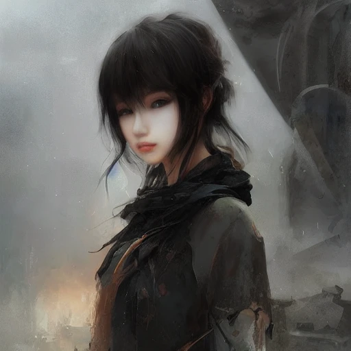 Ruan Jia, night, high detail heart shaped face, perfect peach eyes, beautiful eyelashes, perfect nose, perfect lips, beautiful young woman, great body, oblique bangs black long hair, Japanese, standing in a ruined city, very detailed, 8k, trends on artstation