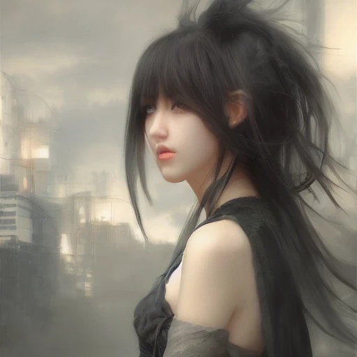 Ruan Jia, night, high detail heart shaped face, perfect peach eyes, beautiful eyelashes, perfect nose, perfect lips, beautiful young woman, great body, oblique bangs black long hair, Japanese, standing in a ruined city, very detailed, 8k, trends on artstation