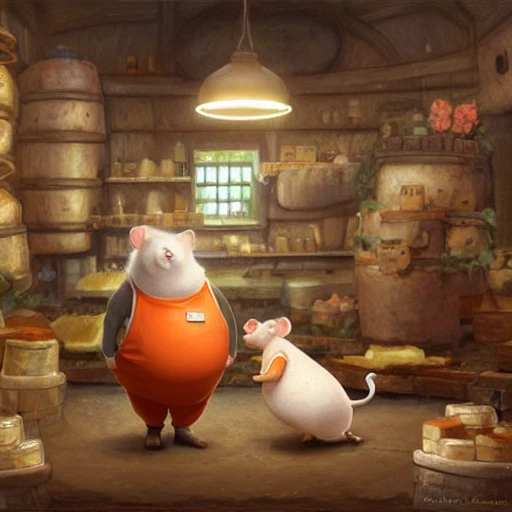 cute scene inside a historic fantasy cheese factory, a short obese gray mouse wearing an orange vest and round belly is selling cheese to a pretty female brown mouse, intricate, highly detailed, artstation, concept art, smooth, sharp focus, natural lighting, art by artgerm and greg rutkowski, 3D, characters