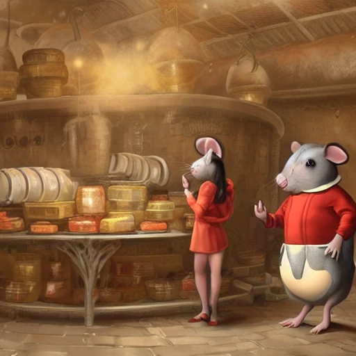 cute scene inside a historic fantasy cheese factory, a short obese gray mouse wearing an light orange vest and round belly is selling cheese to a pretty slim female brown mouse wearing a red coat, intricate, highly detailed, artstation, concept art, smooth, sharp focus, natural lighting, art by artgerm and greg rutkowski, 3D, characters