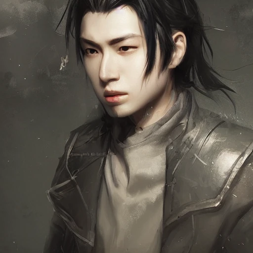 Ruan Jia, night, high detail face, perfect eyes, perfect nose, perfect lips, young handsome man, black hair in ponytail, wearing a coat, Japanese, standing in a ruined city, very detailed, 8k, trends on artstation