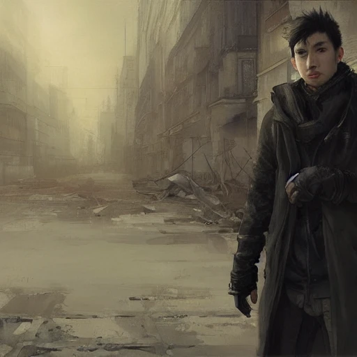 Ruan Jia, night, high detail face, perfect eyes, perfect nose, perfect lips, young handsome man, black hair, wearing a coat, Japanese, standing in a ruined city, very detailed, 8k, on artstation the trend of