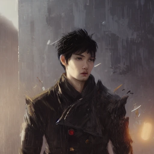 Ruan Jia, night, high detail face, perfect eyes, perfect nose, perfect lips, young handsome man, black hair, wearing a coat, Japanese, standing in a ruined city, very detailed, 8k, on artstation the trend of