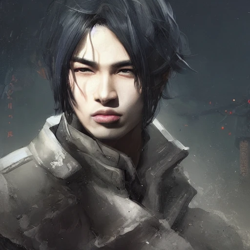 Ruan Jia, night, high detail face, perfect eyes, perfect nose, perfect lips, young handsome man, black hair, wearing a coat, Japanese, standing in a ruined city, very detailed, 8k, on artstation the trend of