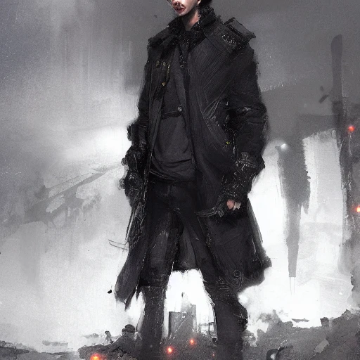 Ruan Jia, night, high detail face, perfect eyes, perfect nose, perfect lips, young handsome man, black hair, wearing a black jacket, Japanese, standing in a ruined city, very detailed, 8k, artstation trend on