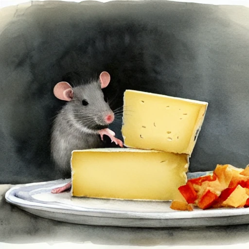 wide angle view, a gray mouse enjoying a piece of cheese and a glass of whine in an old French residential house winter watercolor by arti chauhan trending on artstation, magnificent, close up, sharp focus, elegant, highly detailed Water Color