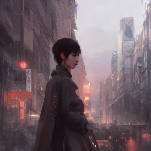 Ruan Jia, Ye Gao detail face, perfect eyes, perfect nose, perfect lips, a young dark haired man, a young beautiful dark haired woman, Japanese, two people back to back, a city in the background, very detailed, 8k artstation trend on