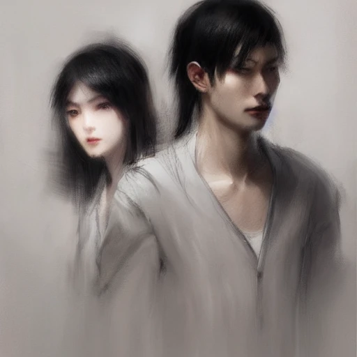 Ruan Jia, night, high detail faces, a young black-haired man and a young beautiful black-haired woman, Japanese, two people back to back, very detailed, 8k artstation trend on