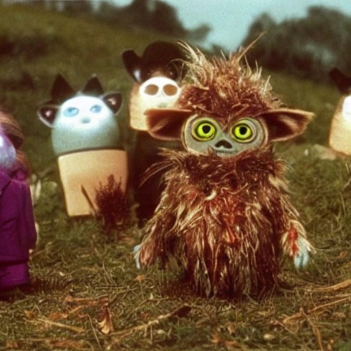 Scene from wickerman 1974, furby, scifi, fantasy kawaii