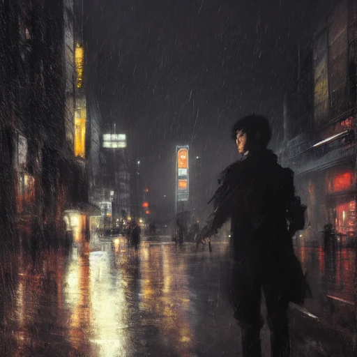 Ruan Jia, night, high-detail human face, black-haired young man, black-haired beauty, back to back, Japanese, 4K, light and shadow, rainy city in the background